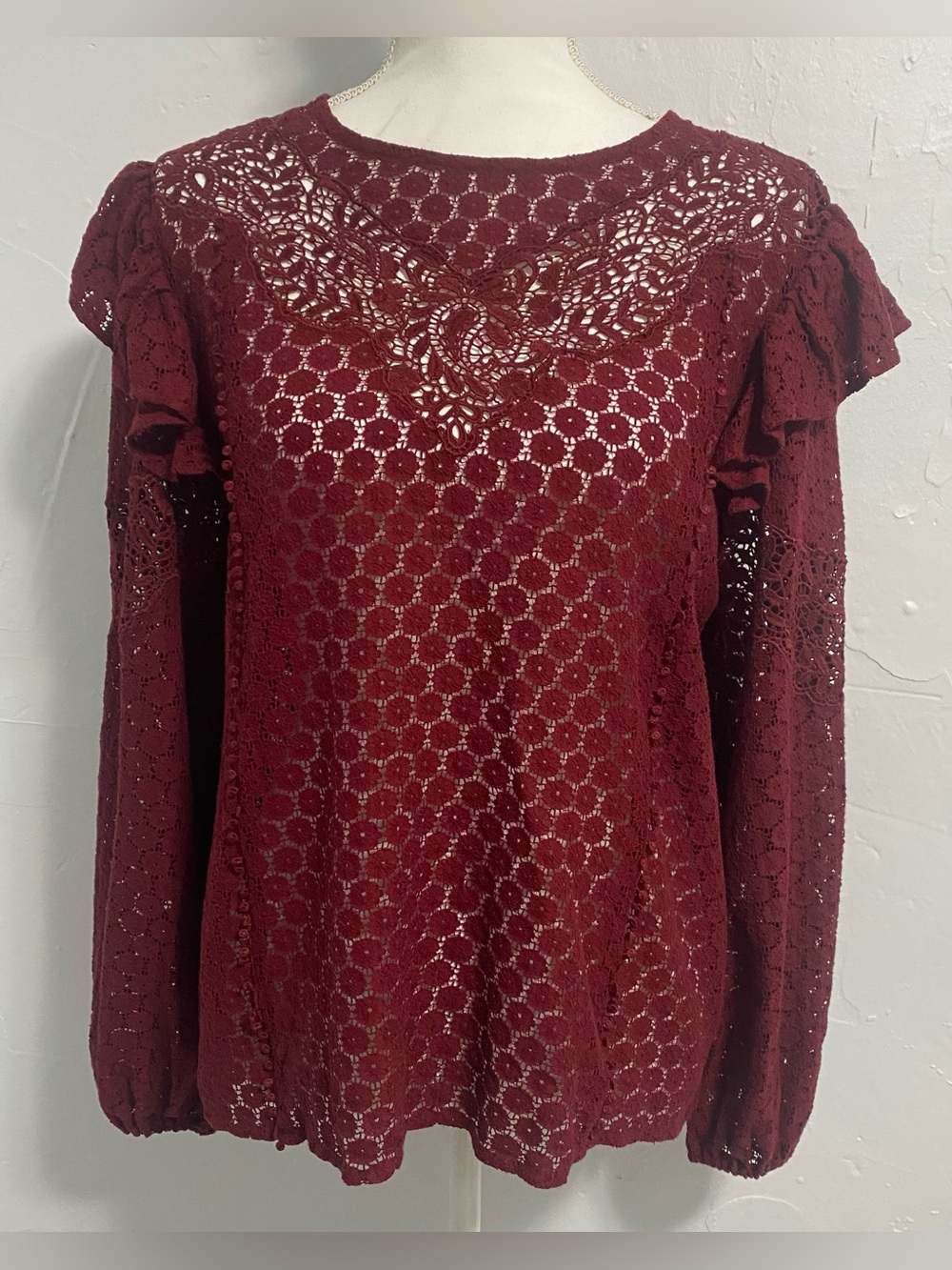 Express Women's Burgundy Crochet Lace Long Sleeve Top